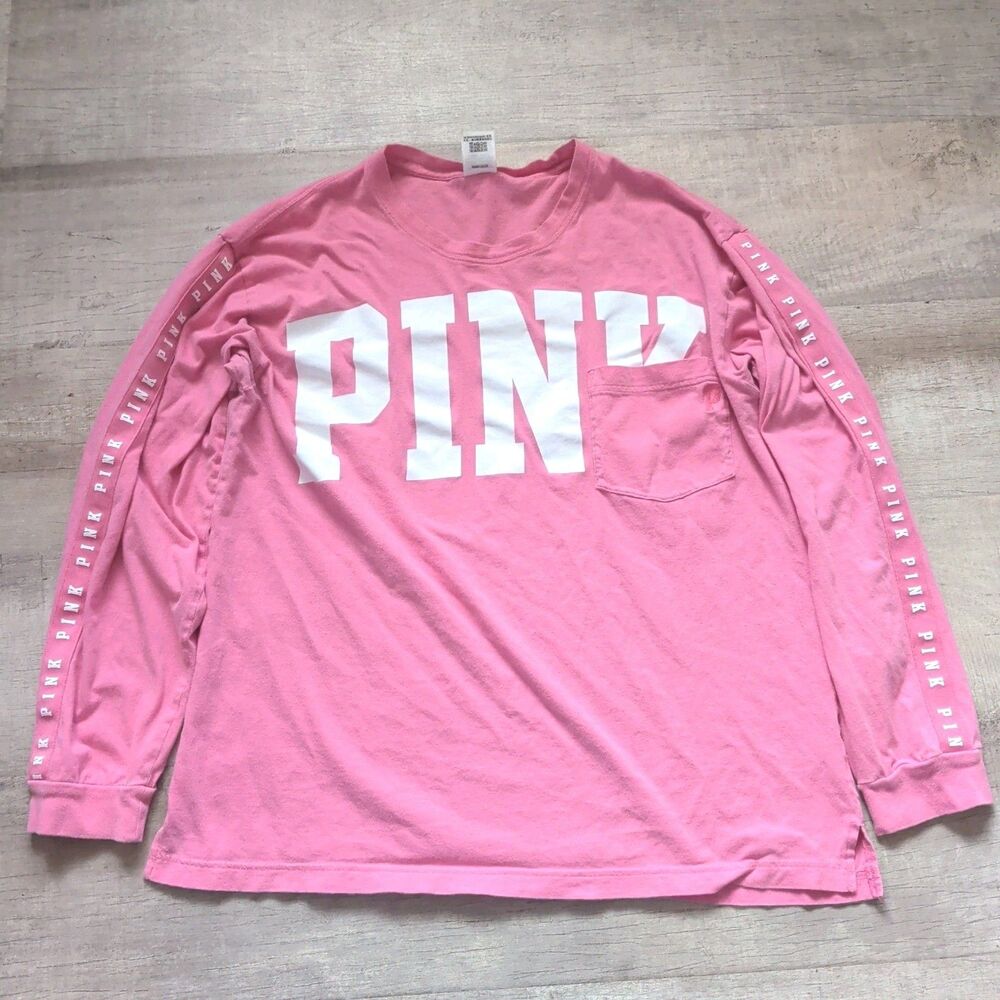 Victoria's Secret PINK Cotton Round Neck Long Sleeve Campus T-Shirt Pink Size L